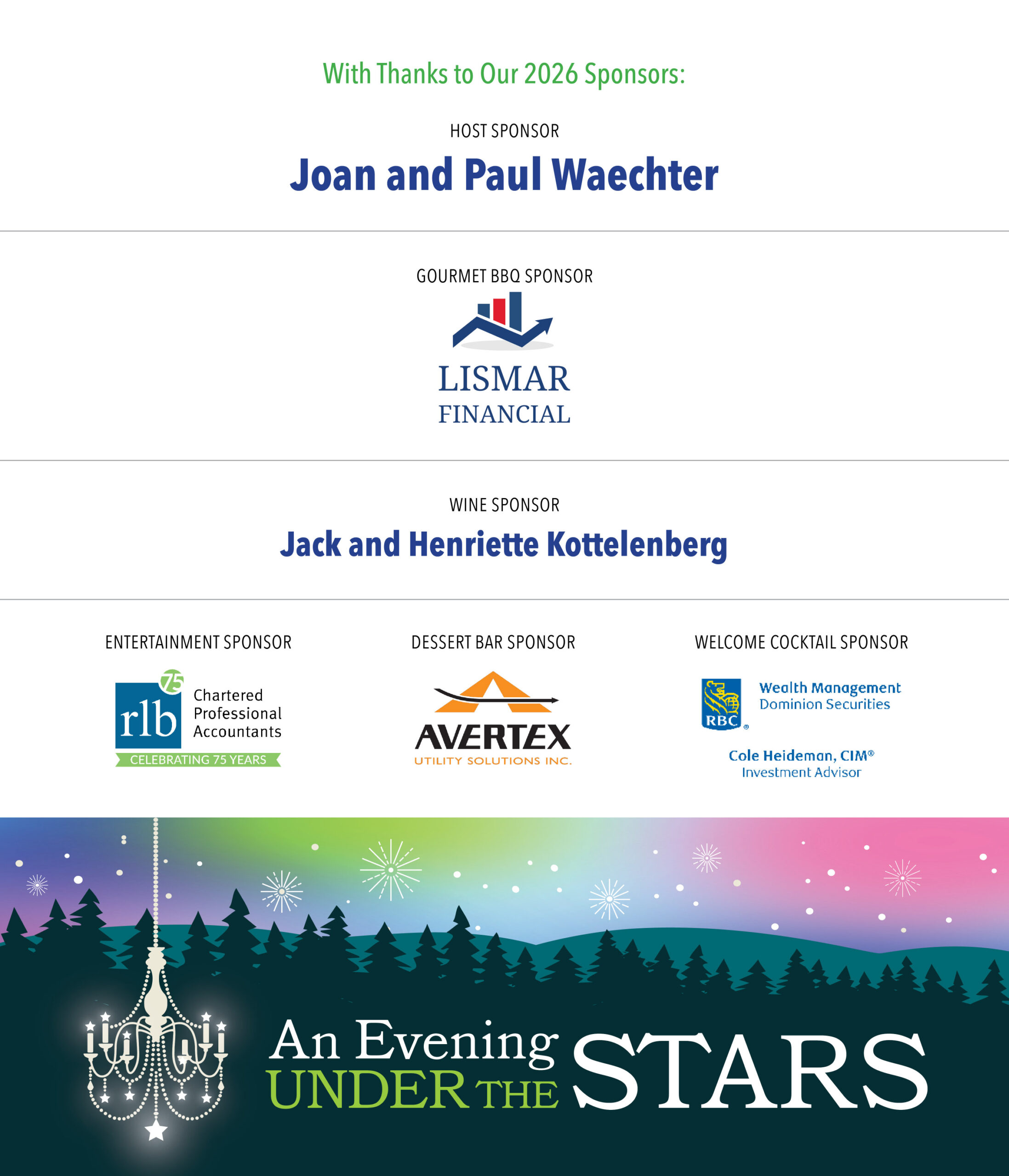 Our 2026 sponsors for An Evening Under the Stars gala