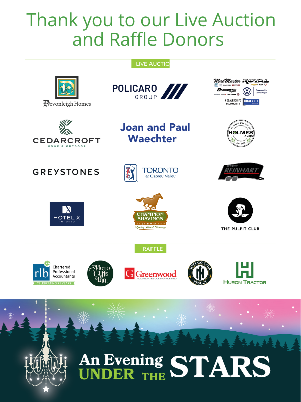A poster filled with logos and names of people and businesses who donated prizes to the 2026 An Evening Under The Stars.