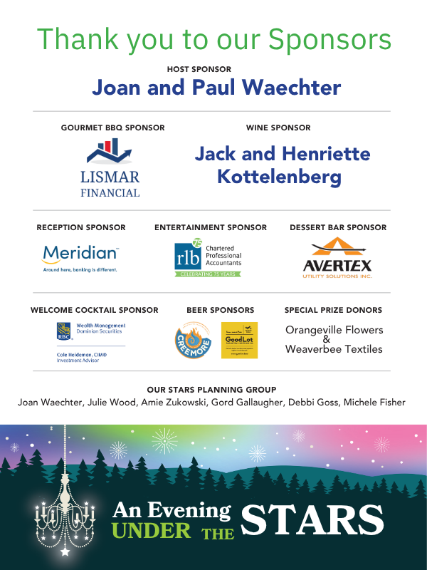 A poster filled with logos and names of people and businesses who sponsored the 2026 An Evening Under The Stars.