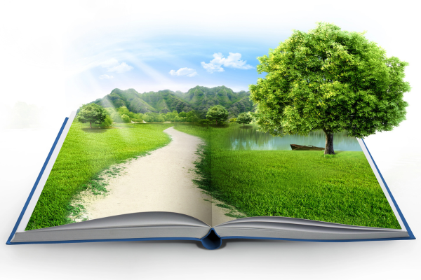 a graphic of an open book with nature sprouting from it
